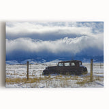 Black and white photograph of a derelict building on stretched canvas, suitable as large kitchen wall art.
