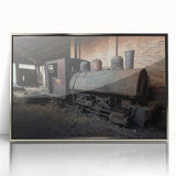 Mid-century modernist art depicting an abstract cityscape in muted gray and blue tones on a framed acrylic print.