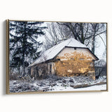 Vintage poster art of a derelict building in muted black and gold tones on a framed canvas, ideal for bedroom wall art.