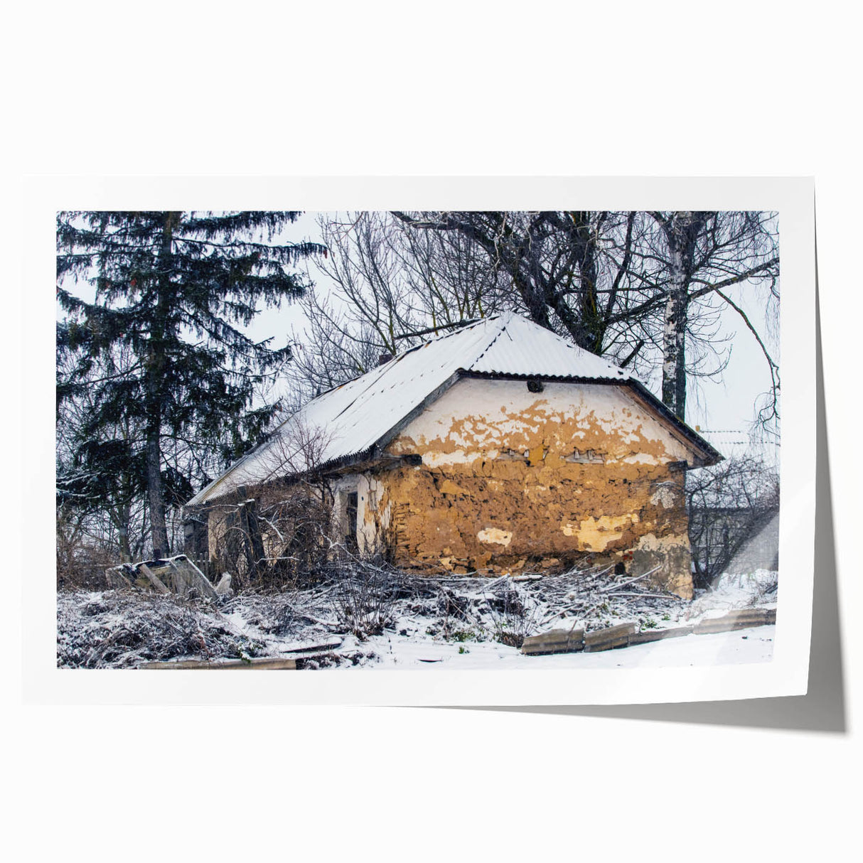 Extra large rolled print of a derelict building in muted gray tones, ideal for art wall dining room.