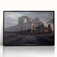 Large abstract wall art featuring a mid-century modernist design in muted gray and blue tones, framed in black acrylic.