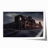 Extra large rolled print of a derelict building in muted gray and blue tones, suitable for art wall dining room.