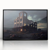 Large abstract wall art depicting a mid-century modernist cityscape in muted gray and blue tones, framed in black acrylic.