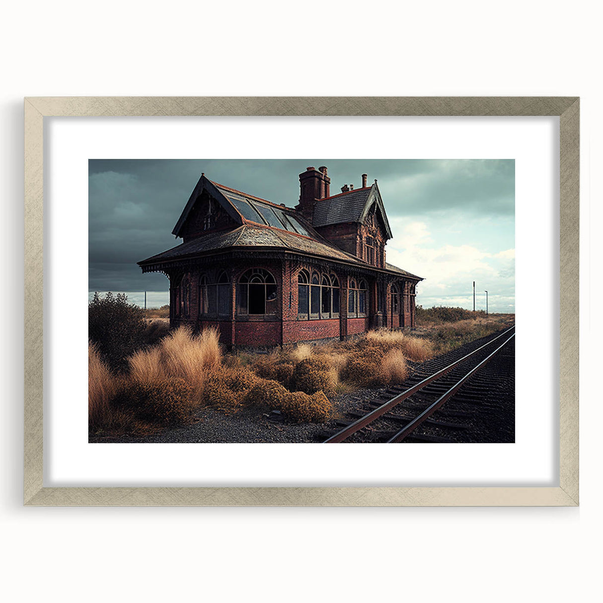 Textured art print of an abstract derelict building in silver frame, using muted gray tones.