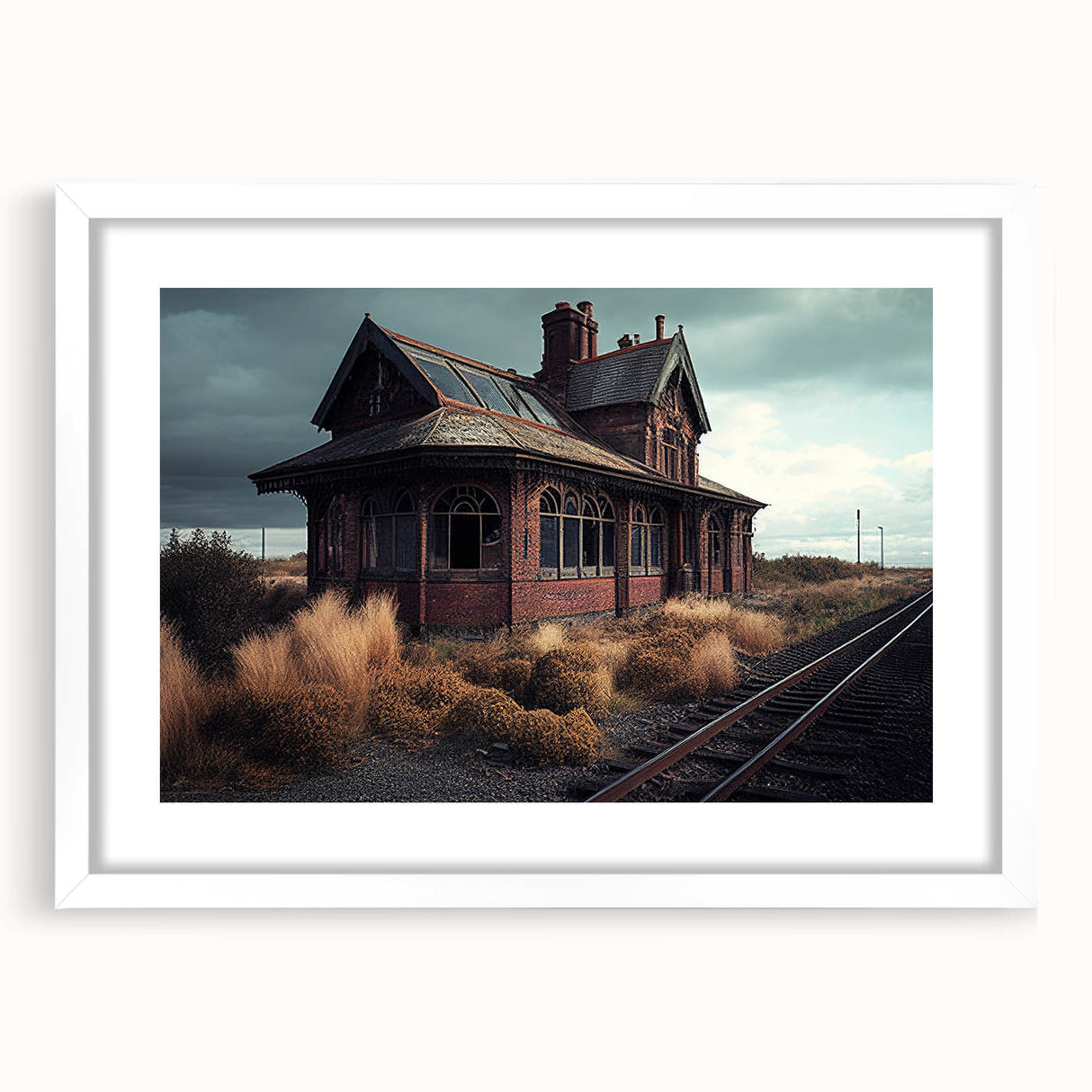 Abstract art print depicting a derelict building in muted gray and blue tones on a framed white mat.