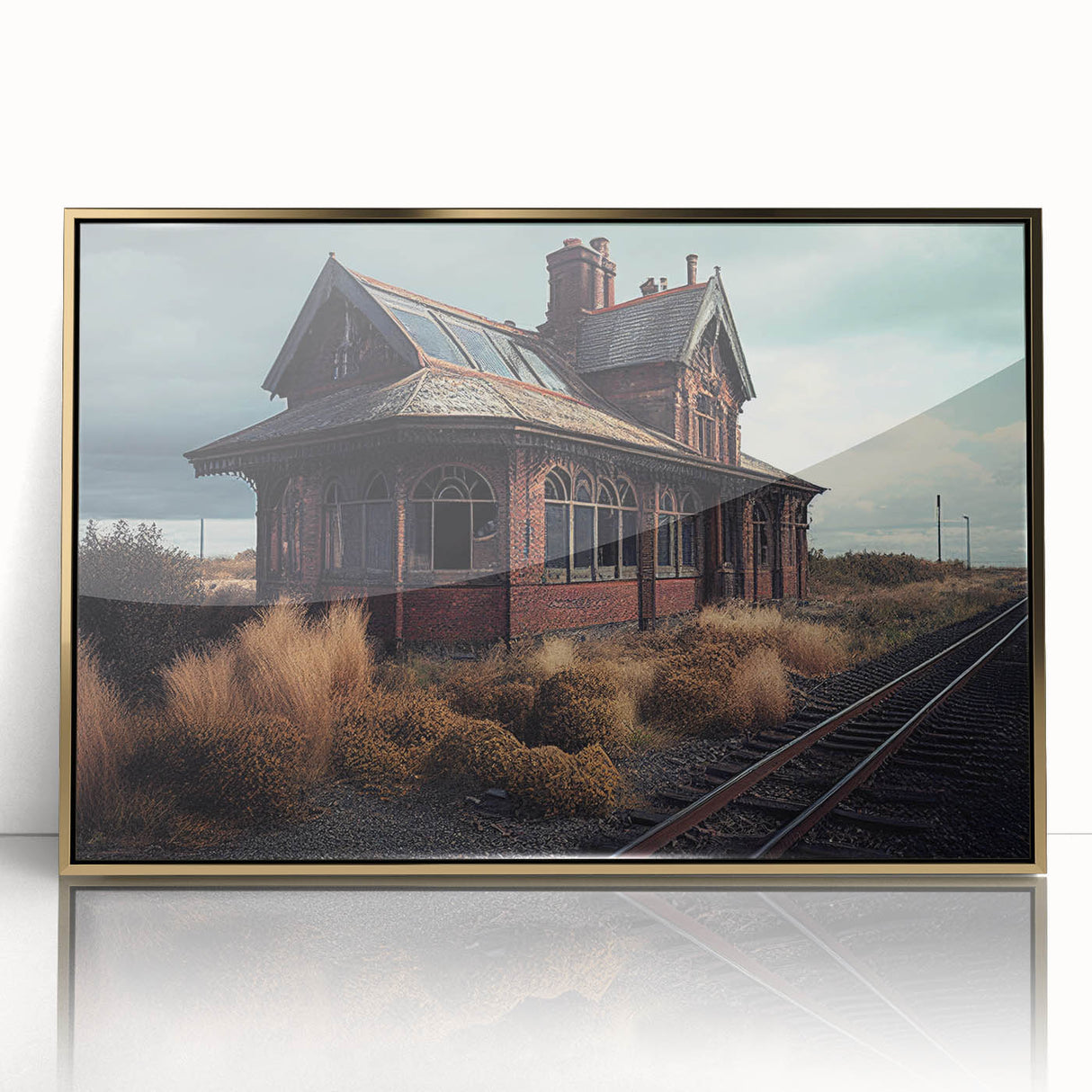 Large acrylic print of a mid-century modernist architectural design in muted gold tones, ideal for modern art wall decor.