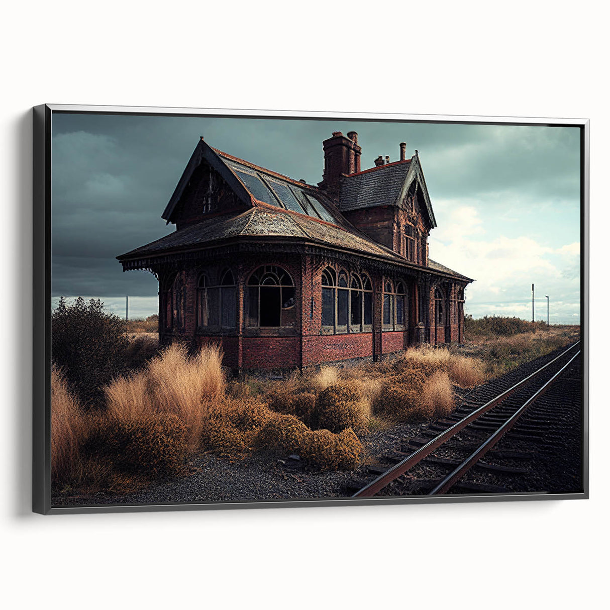 Framed canvas of a vintage landscape painting in muted earth tones, ideal for bedroom wall decor.