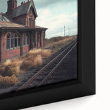 Black and white framed canvas featuring a vintage landscape of derelict buildings, ideal for bedroom decor.