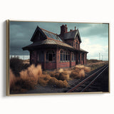 Framed canvas of a vintage landscape painting featuring a derelict building in muted gold and black tones.
