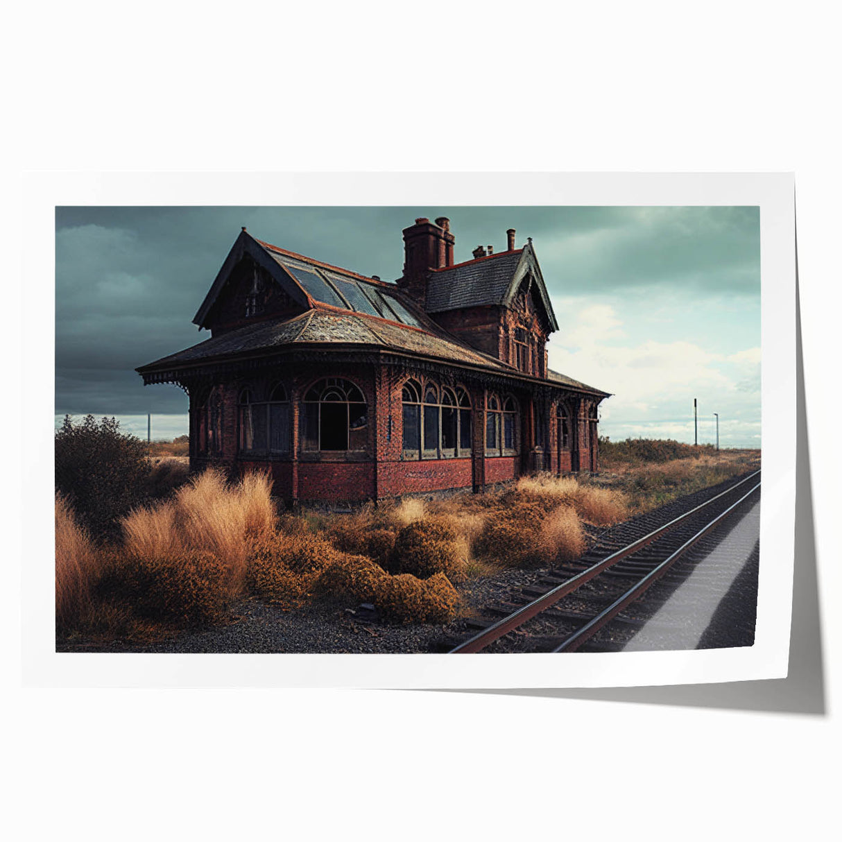 Extra large rolled print of a derelict building in muted gray tones, ideal for art wall dining room.