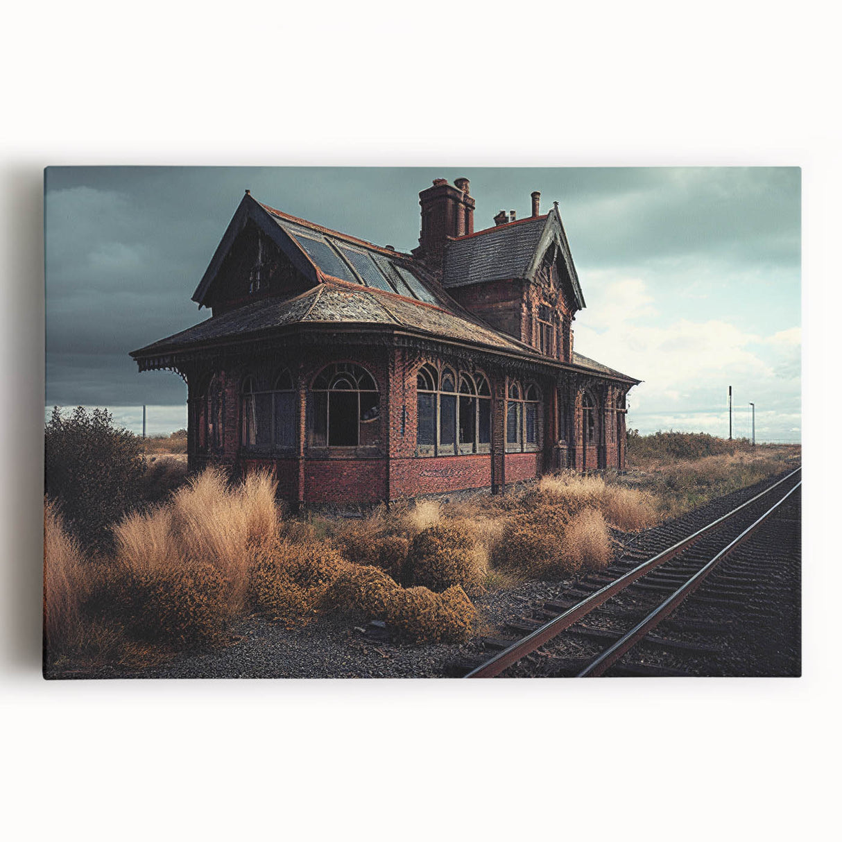 Black and white photograph of a derelict building on stretched canvas, ideal for kitchen wall art.