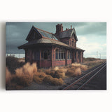 Black and white photograph of a derelict building on stretched canvas, ideal for kitchen wall art.