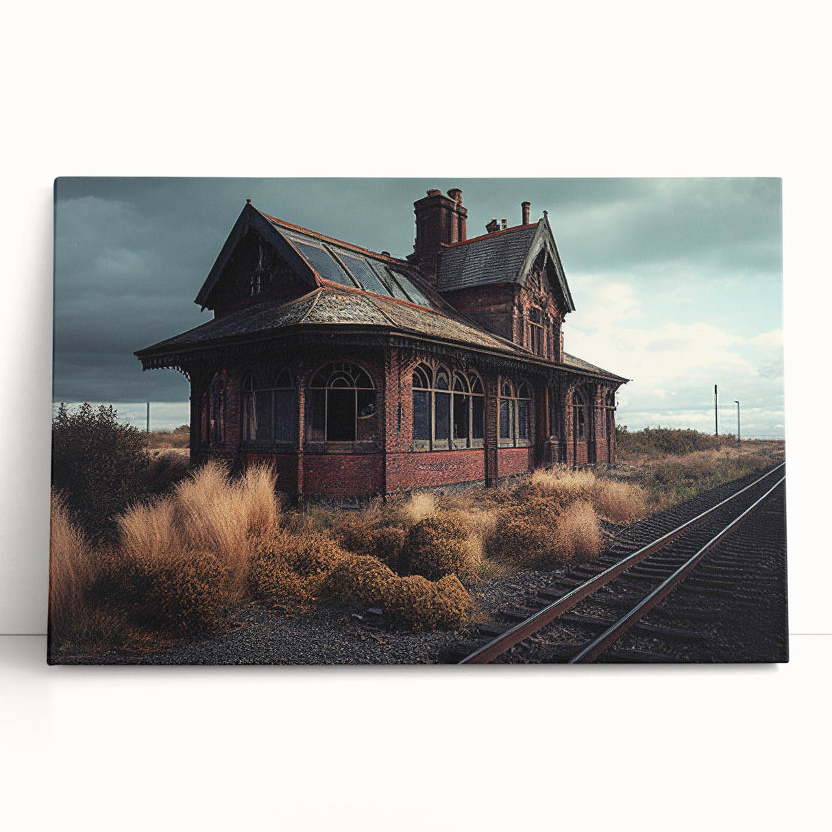 Large black and white photo of a derelict building on stretched canvas, ideal for kitchen wall art or bedroom ambiance.