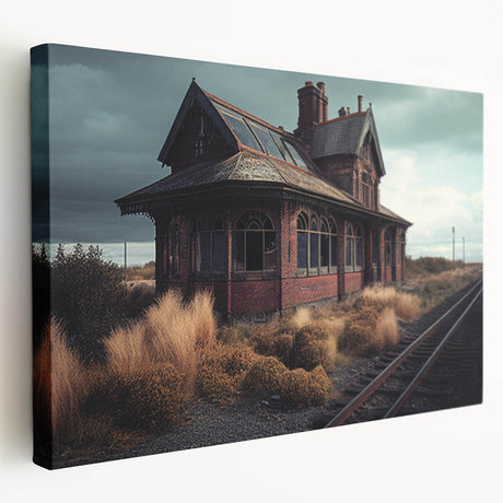 Large art print of a derelict building in muted earth tones on stretched canvas, suitable for kitchen wall art.