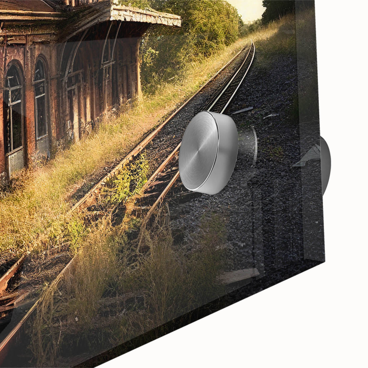 Close-up of a large abstract wall art on acrylic glass featuring derelict architectural designs in muted tones.