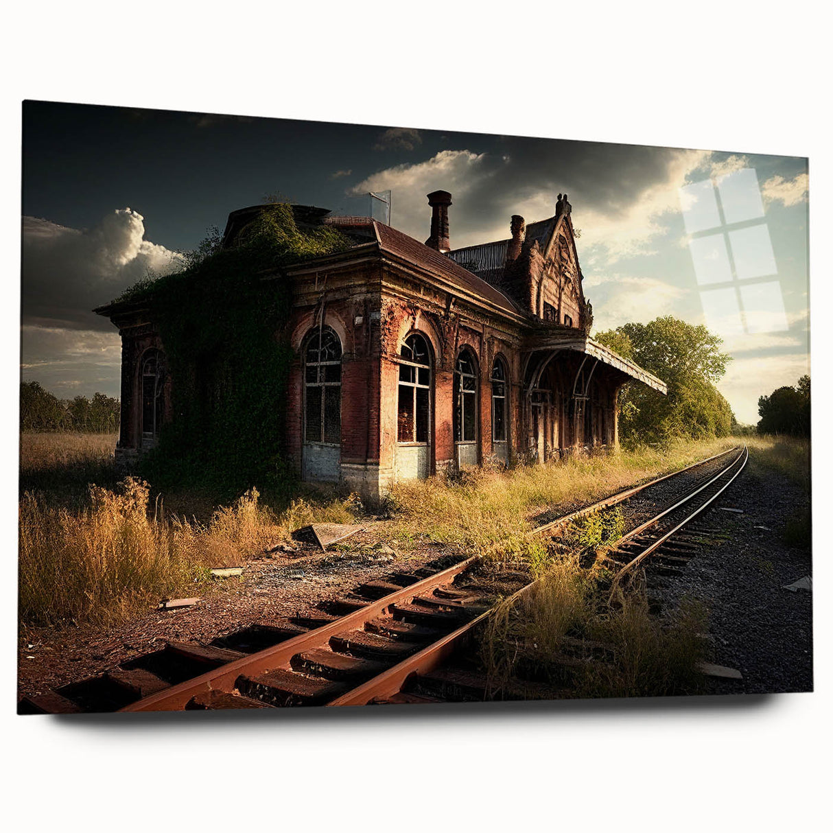 Large abstract wall art featuring a derelict architectural design in muted gray tones on acrylic glass.