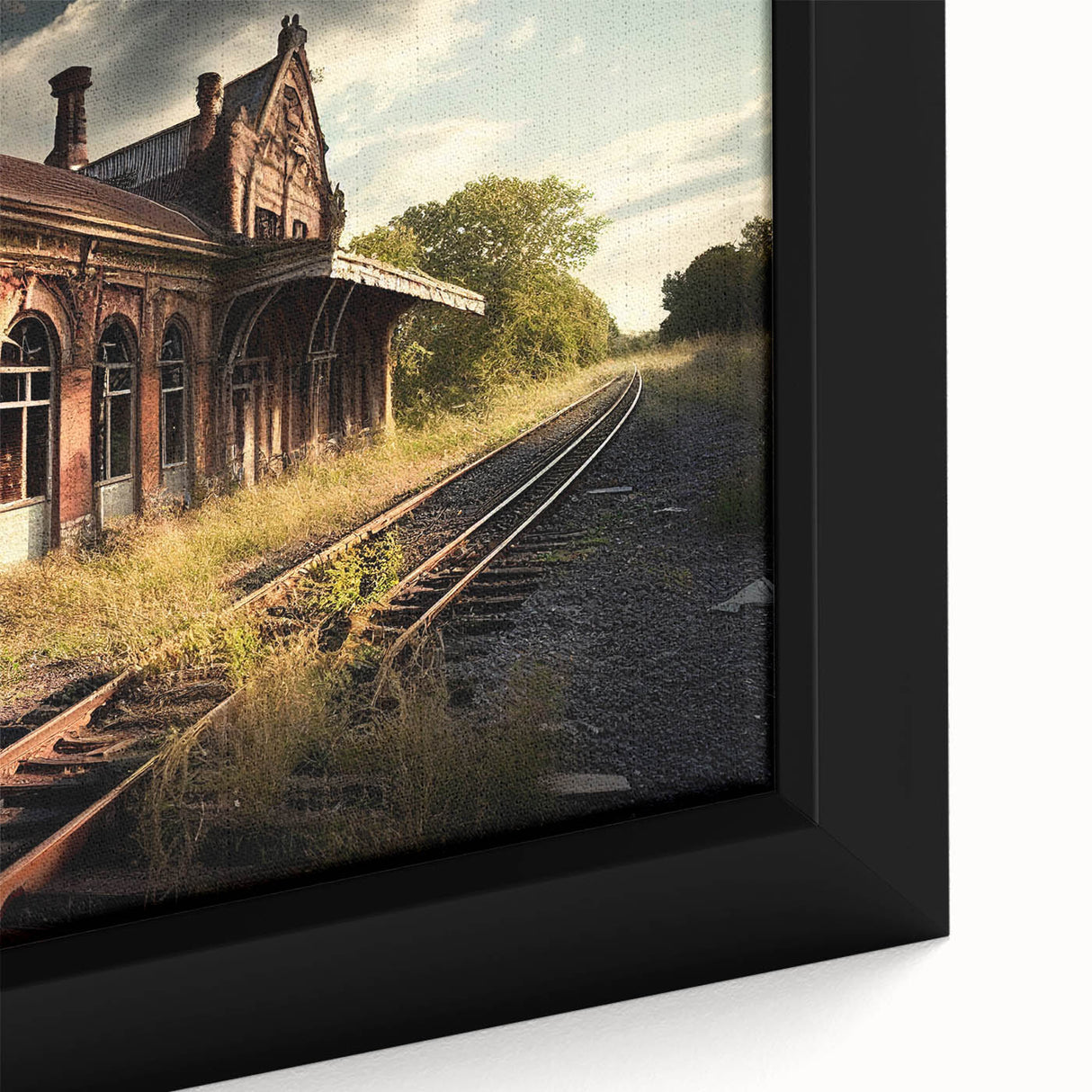 Black and white framed canvas featuring a vintage landscape art painting, ideal for bedroom wall decor.