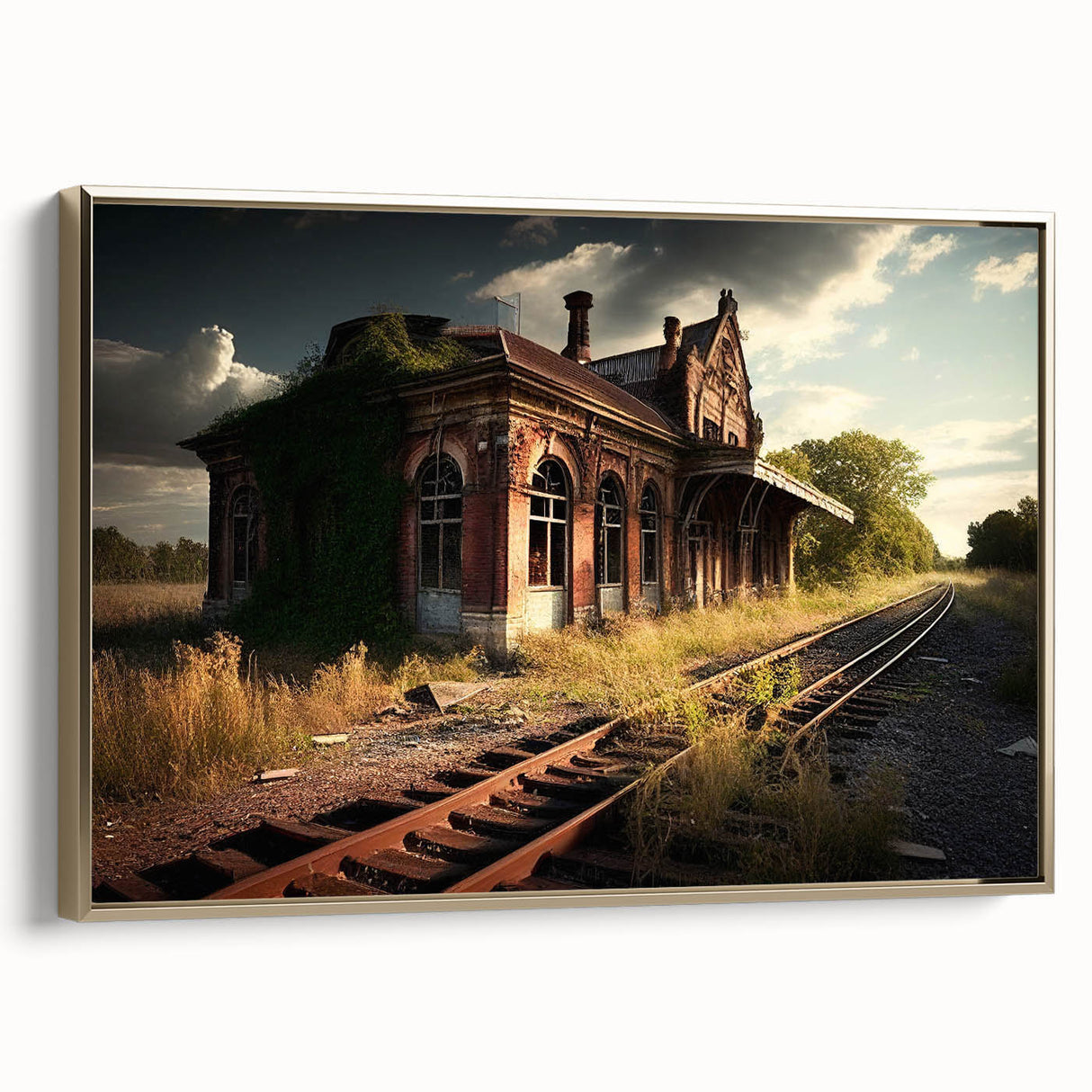 Vintage poster art of an abandoned building in muted black and gray tones on a framed canvas, suitable for bedroom decor.