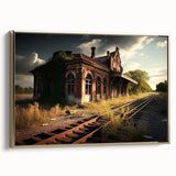 Vintage poster art of an abandoned building in muted black and gray tones on a framed canvas, suitable for bedroom decor.