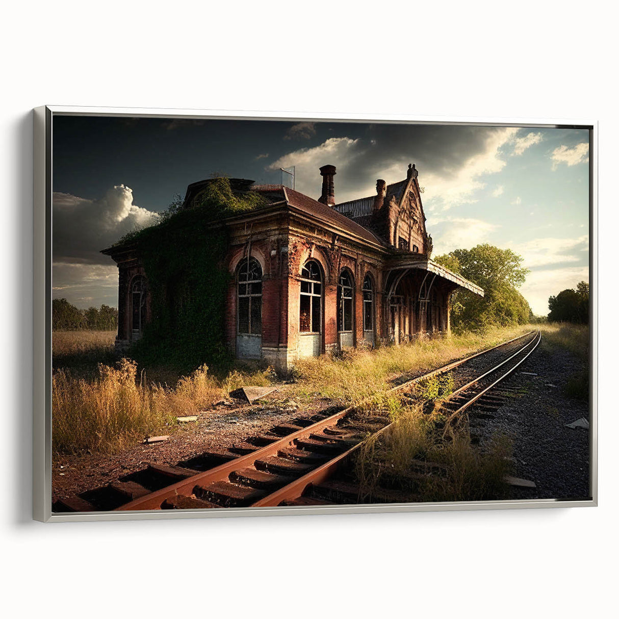 Framed canvas of a vintage landscape art painting depicting a derelict building in muted gray and black with colorful…