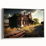 Framed canvas of a vintage landscape art painting depicting a derelict building in muted gray and black with colorful…