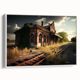 Vintage poster art of a derelict building in muted black and gray tones on a large framed canvas.