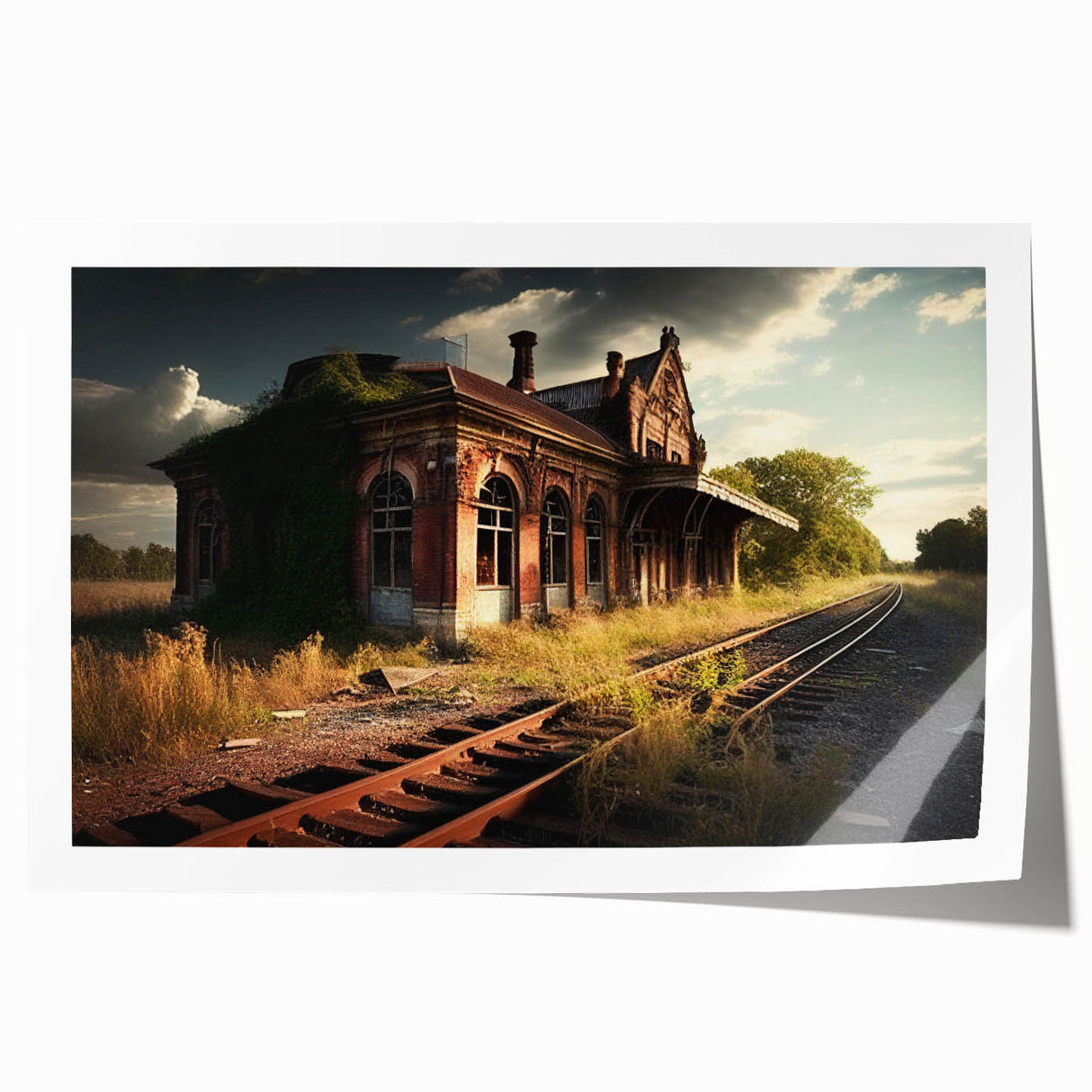 Extra large rolled print of a derelict building in muted gray tones, suitable as art wall dining room decor.