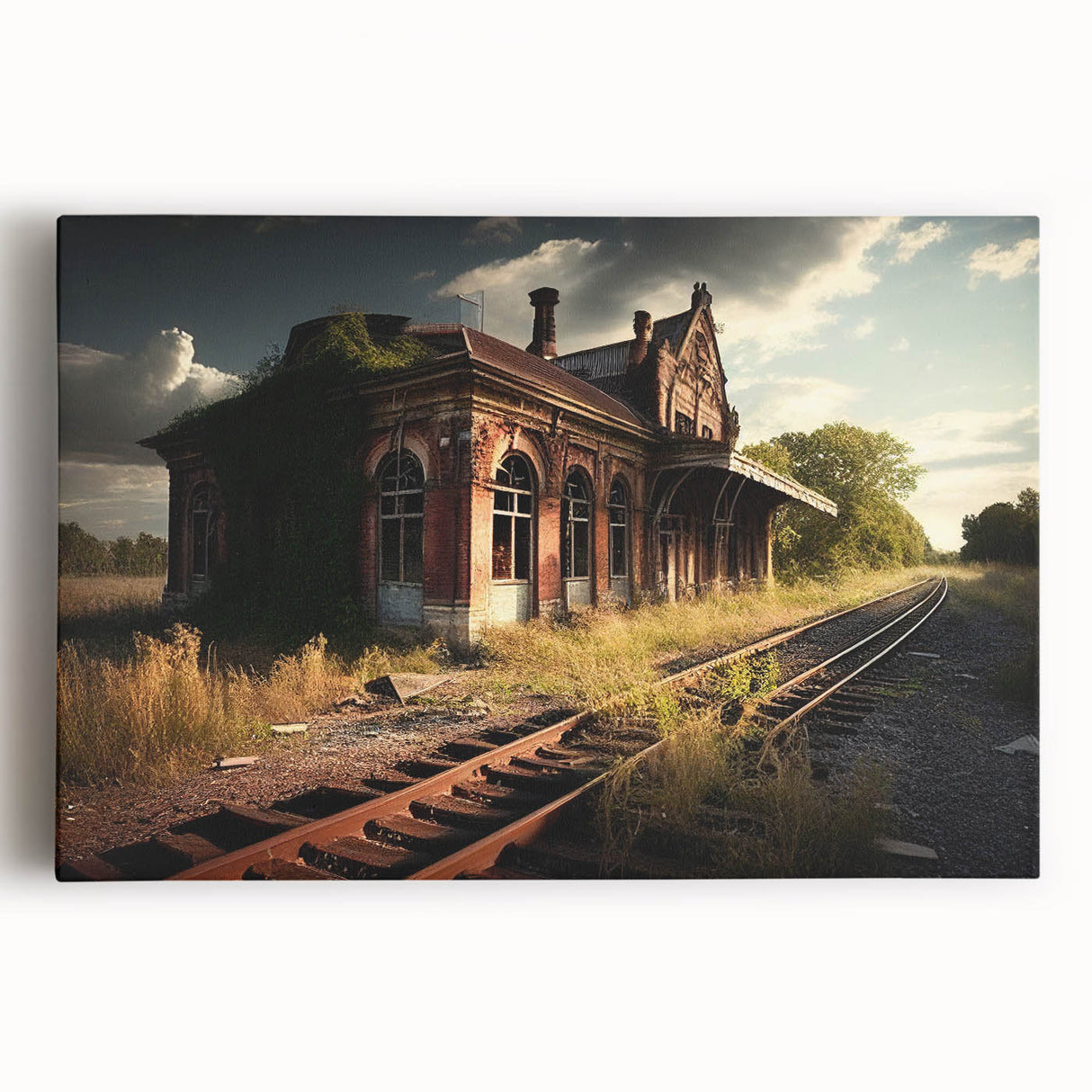 Large black and white photo of a derelict building on stretched canvas, suitable as kitchen wall art.