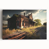 Large black and white photo of a derelict building on stretched canvas, suitable as kitchen wall art.