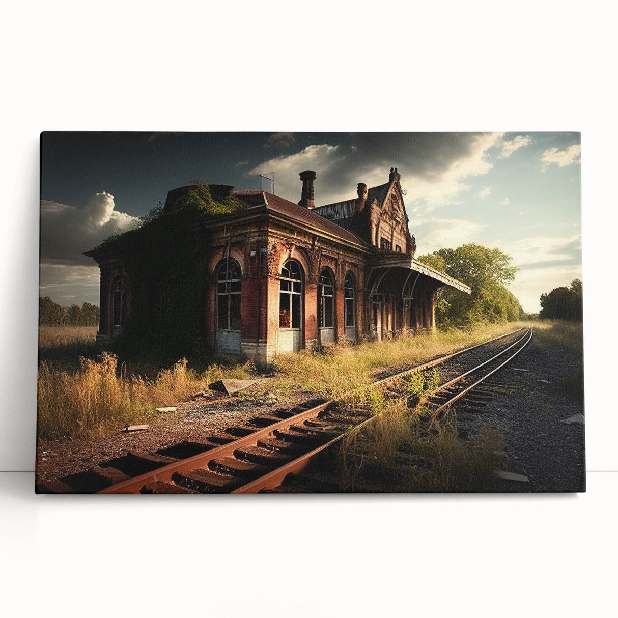 Black and white photograph of a derelict building on stretched canvas, ideal for kitchen wall art or bedroom ambiance.