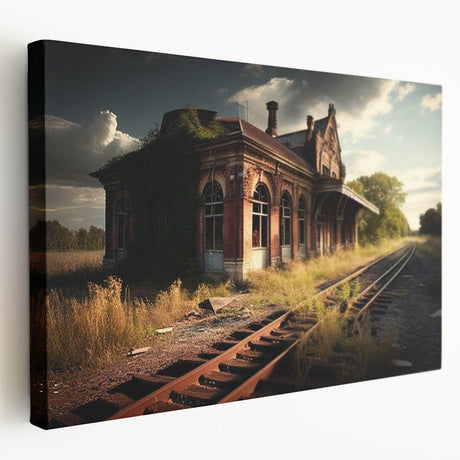 Side view of a large stretched canvas portraying a derelict building in muted gray tones, suitable for kitchen wall art.