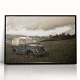 Large abstract wall art featuring a mid-century modernist design in muted gray and blue tones, acrylic print framed in black.