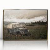 Mid-century modernist large art print of a derelict building, framed in gold acrylic, suitable for modern art wall decor.