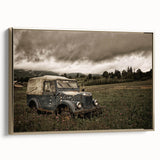 Framed canvas featuring a vintage poster of a derelict building in muted black and gray tones, ideal for bedroom wall art.