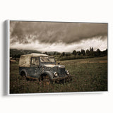 Vintage poster art of a derelict building in vibrant colors on extra large framed canvas, ideal for living room decor.