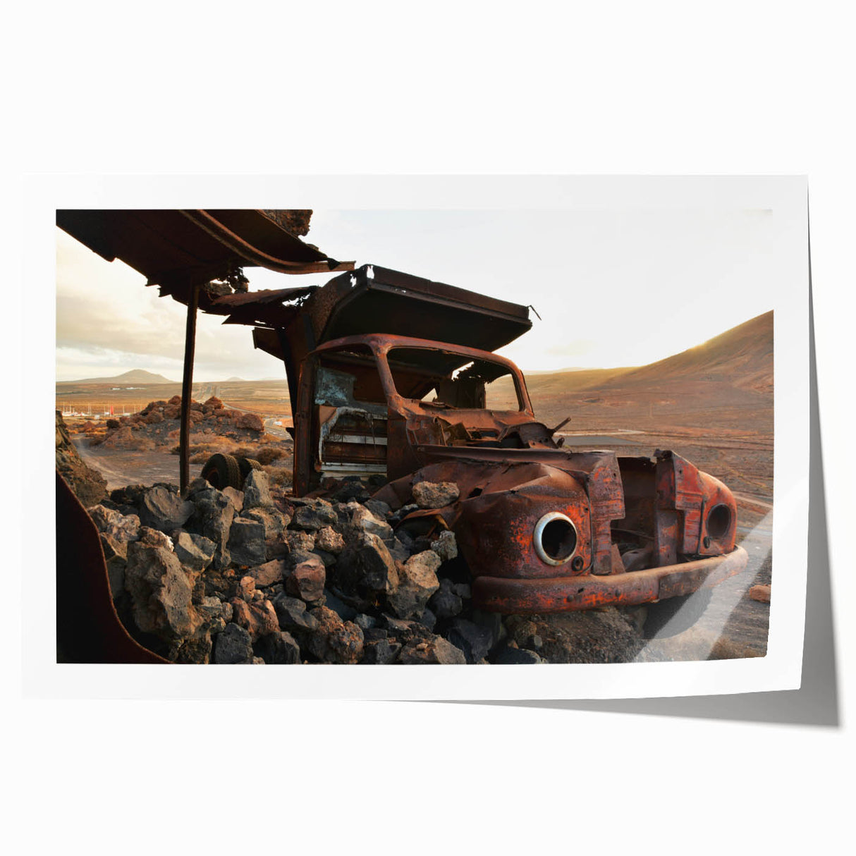 Extra large rolled print depicting a derelict building in muted gray and blue tones, ideal for art wall dining room.