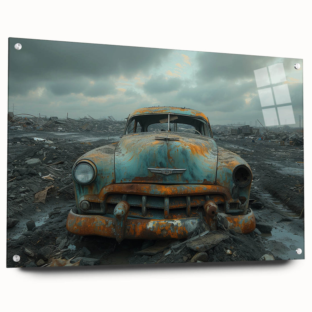 Large abstract wall art on acrylic glass, featuring a blend of derelict architectural designs in muted gray tones.