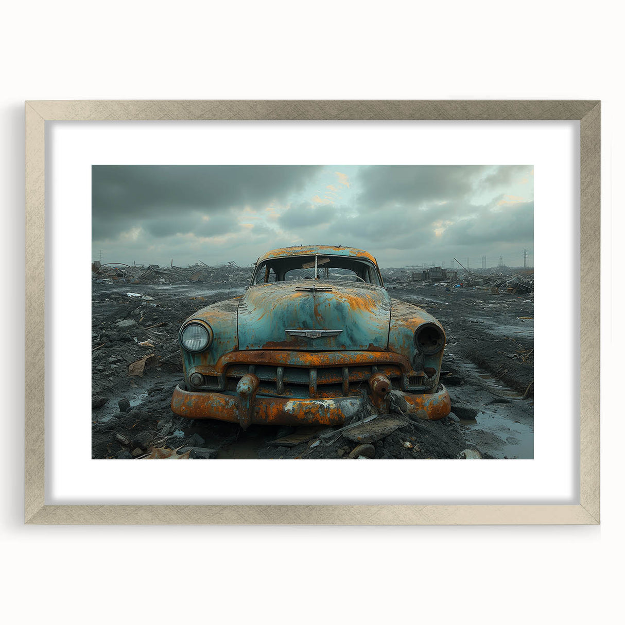 Textured abstract art print depicting a derelict building, in muted gray and silver tones, framed with a silver mat.