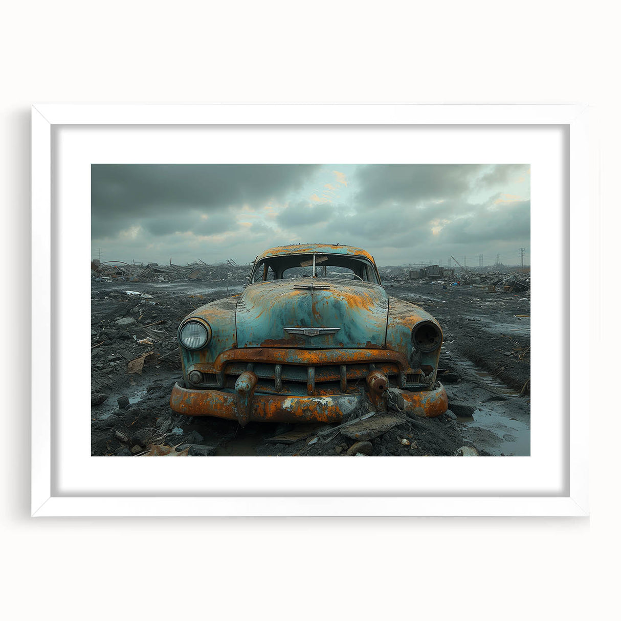 Abstract art print depicting a derelict building in muted gray and blue tones, framed in white.