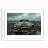 Abstract art print depicting a derelict building in muted gray and blue tones, framed in white.