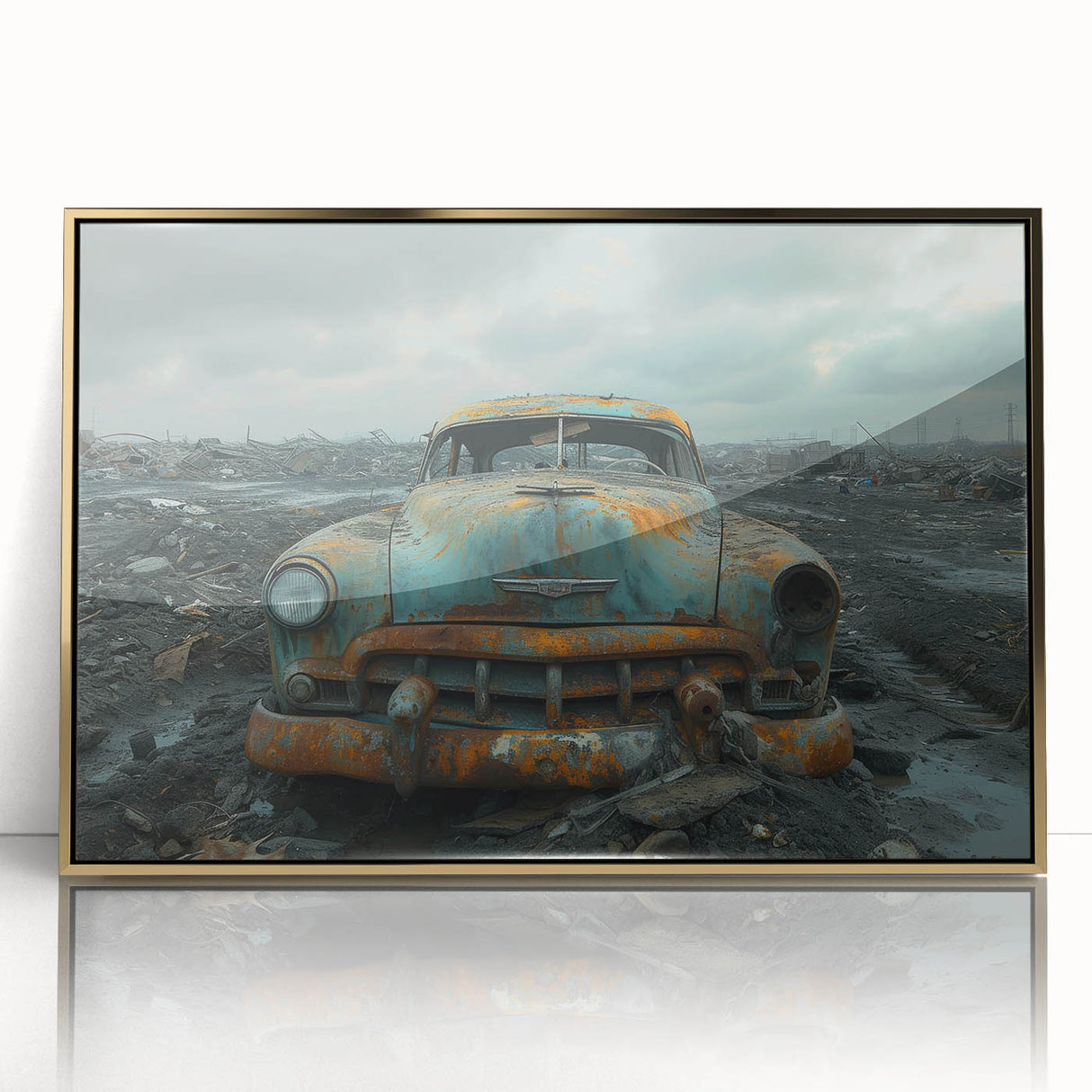 Large art print of a mid-century modernist derelict building in muted gold and gray tones, acrylic framed.