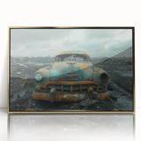 Large art print of a mid-century modernist derelict building in muted gold and gray tones, acrylic framed.