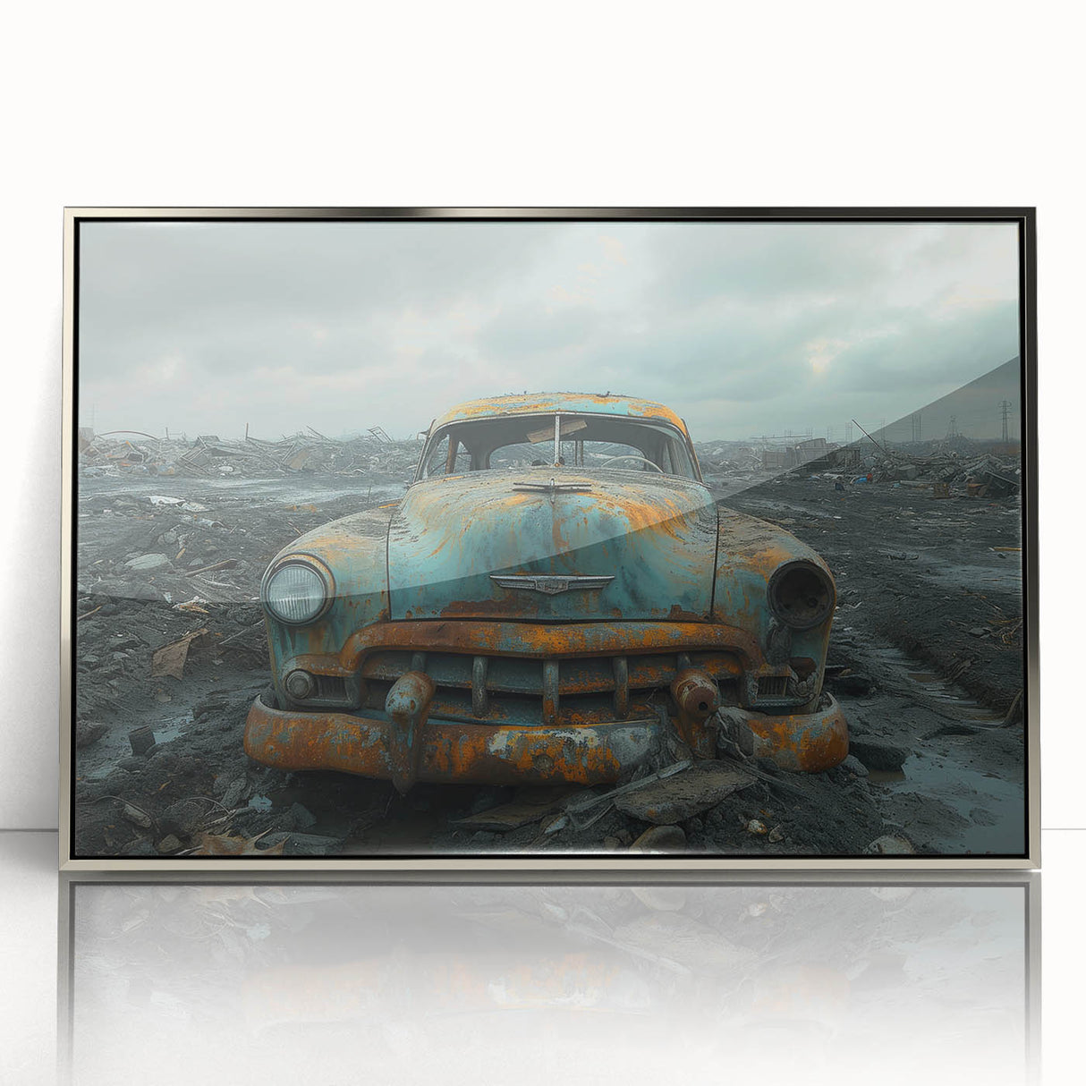 Mid-century modernist acrylic print featuring a dilapidated building in muted earth tones, ideal for modern art wall decor.