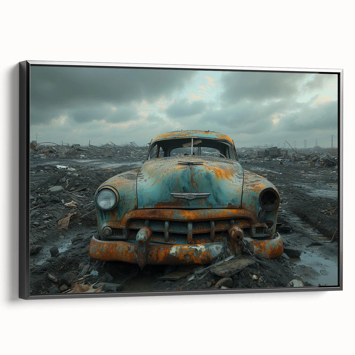 Black and white vintage poster art on framed canvas depicting a derelict building, ideal for bedroom wall decor.