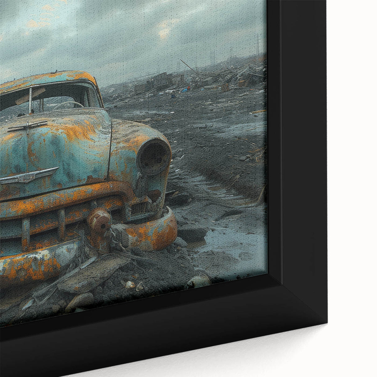Extra large framed canvas featuring textured, colorful art on a black background, depicting abstract architectural forms.