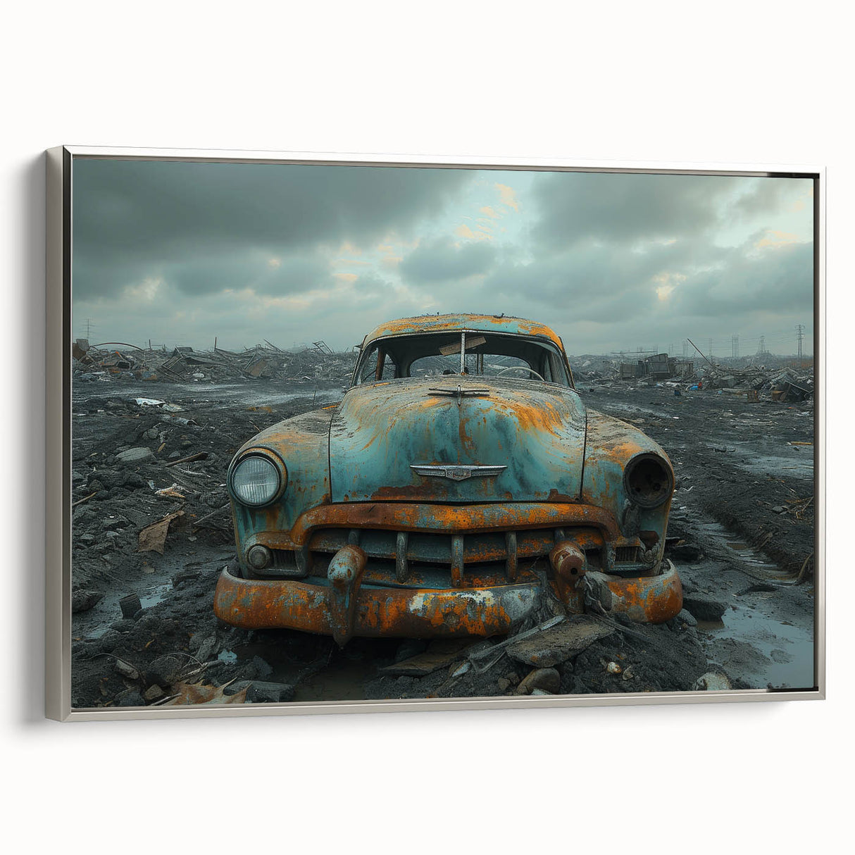 Framed canvas depicting a vintage landscape with colorful art elements on a black background, ideal for living room decor.