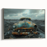 Framed canvas depicting a vintage landscape with colorful art elements on a black background, ideal for living room decor.