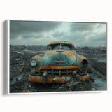 Framed canvas featuring a vintage poster art of a derelict building, using a black and colorful palette.