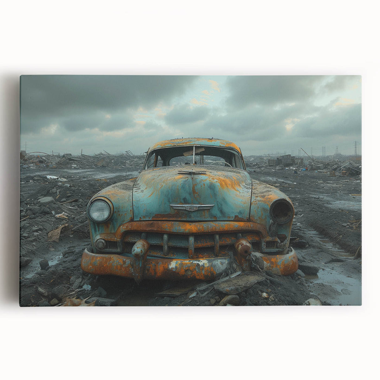 Large black and white photo of a derelict building on stretched canvas, suitable for kitchen wall art.