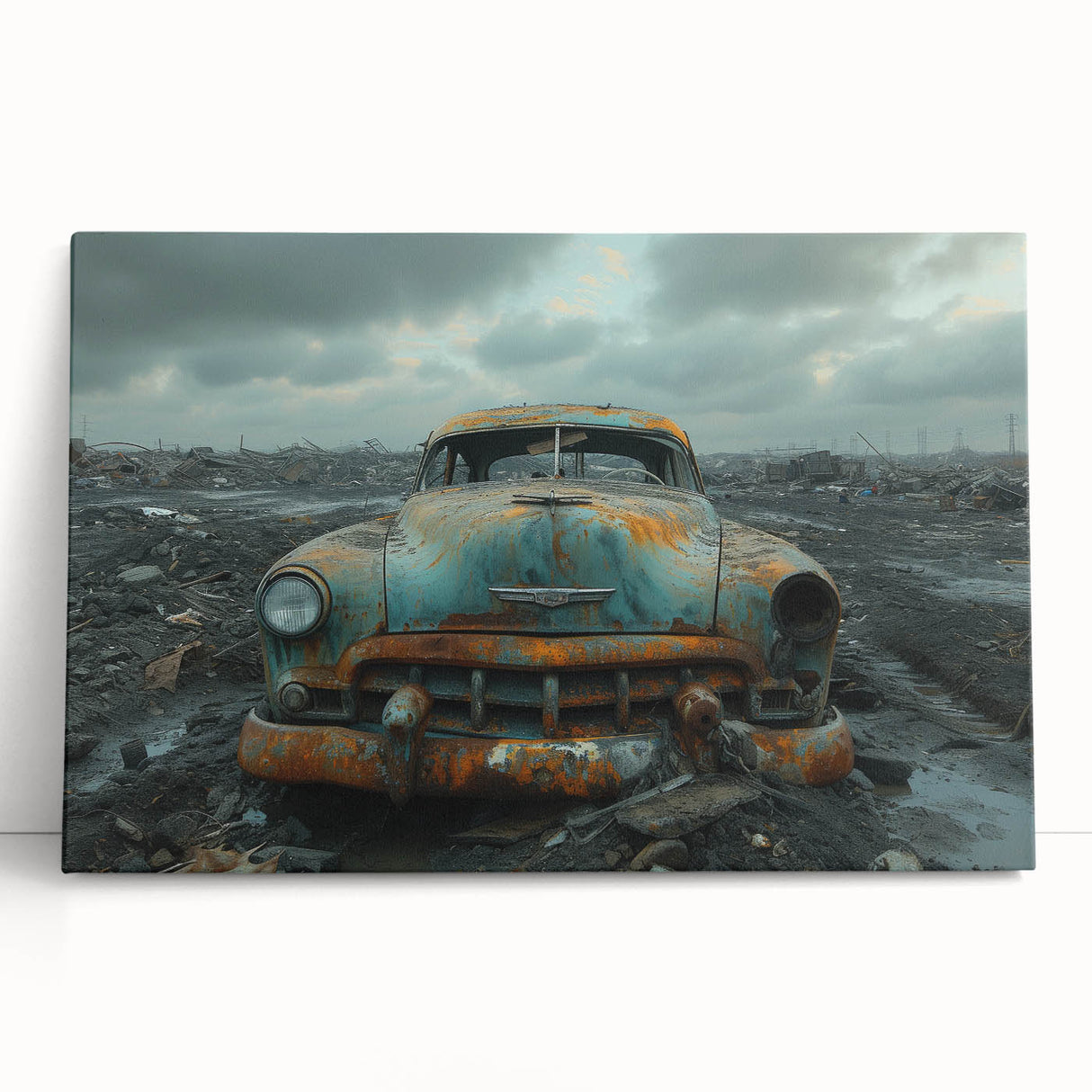 Black and white photo of a derelict building on a stretched canvas, suitable as large kitchen wall art.